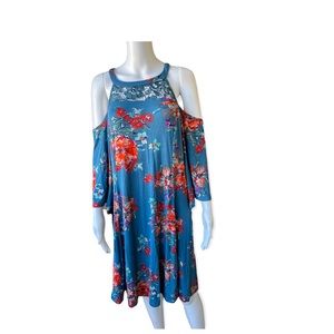 TORRID COLD SHOULDER FIT & FLARE DRESS - SUPER SOFT FLORAL BLUE SIZE 1X
